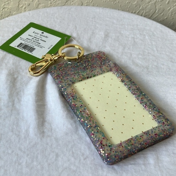 Kate Spade:Why Hello There ID clip-Multi Glitter- Gold tone- 5”x3”-has tiny mark - Picture 14 of 16